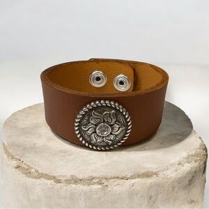 Brown Leather Bracelet with Silver Medallion